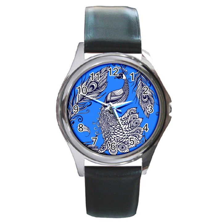 Peacock Bird Feathers Seamless Background Pattern Round Metal Watch