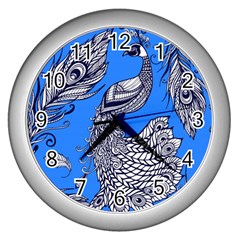 Peacock Bird Feathers Seamless Background Pattern Wall Clock (silver) by Vaneshart