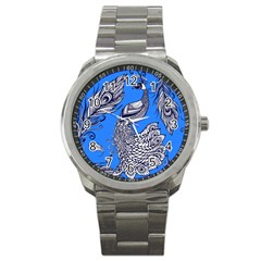 Peacock Bird Feathers Seamless Background Pattern Sport Metal Watch by Vaneshart