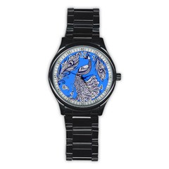 Peacock Bird Feathers Seamless Background Pattern Stainless Steel Round Watch by Vaneshart