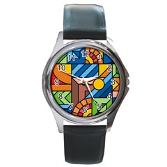 Colorful Geometric Mosaic Background Round Metal Watch