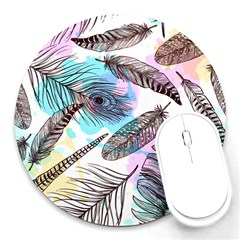 Hand Drawn Feathers Seamless Pattern Round Mousepads by Vaneshart