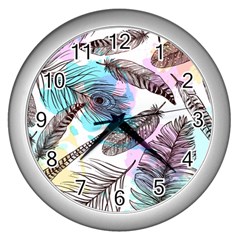 Hand Drawn Feathers Seamless Pattern Wall Clock (silver) by Vaneshart