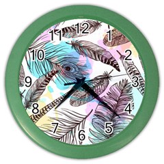 Hand Drawn Feathers Seamless Pattern Color Wall Clock by Vaneshart