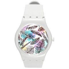 Hand Drawn Feathers Seamless Pattern Round Plastic Sport Watch (m) by Vaneshart