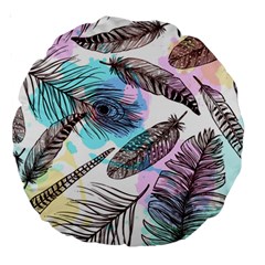 Hand Drawn Feathers Seamless Pattern Large 18  Premium Round Cushions by Vaneshart