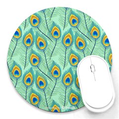 Lovely Peacock Feather Pattern With Flat Design Round Mousepads by Vaneshart