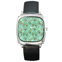 Lovely Peacock Feather Pattern With Flat Design Square Metal Watch by Vaneshart