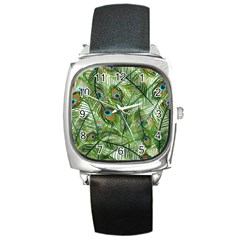 Peacock Feathers Pattern Square Metal Watch by Vaneshart