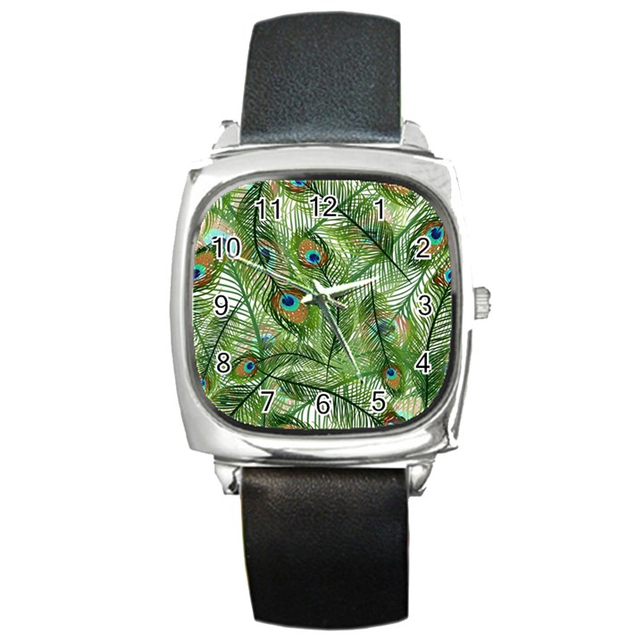 Peacock Feathers Pattern Square Metal Watch