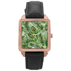 Peacock Feathers Pattern Rose Gold Leather Watch  by Vaneshart