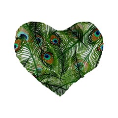 Peacock Feathers Pattern Standard 16  Premium Flano Heart Shape Cushions by Vaneshart