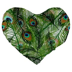 Peacock Feathers Pattern Large 19  Premium Flano Heart Shape Cushions by Vaneshart