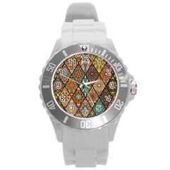 Colorful Vintage Seamless Pattern With Floral Mandala Elements Hand Drawn Background Round Plastic Sport Watch (l) by Vaneshart