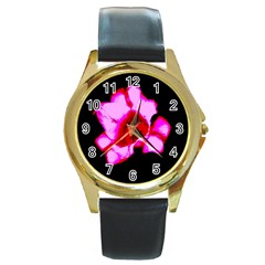 Pink And Red Tulip Round Gold Metal Watch by okhismakingart