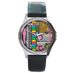 Pattern Geometric Abstract Colorful Arrows Lines Circles Triangles Round Metal Watch by Vaneshart