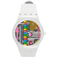 Pattern Geometric Abstract Colorful Arrows Lines Circles Triangles Round Plastic Sport Watch (m) by Vaneshart