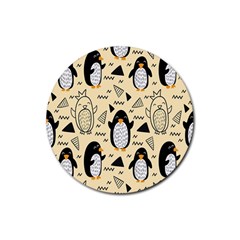 Hand Drawn Penguin Doodle Pattern Rubber Coaster (Round) 