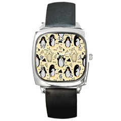 Hand Drawn Penguin Doodle Pattern Square Metal Watch