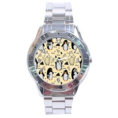 Hand Drawn Penguin Doodle Pattern Stainless Steel Analogue Watch