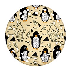 Hand Drawn Penguin Doodle Pattern Round Filigree Ornament (Two Sides)