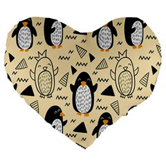 Hand Drawn Penguin Doodle Pattern Large 19  Premium Heart Shape Cushions