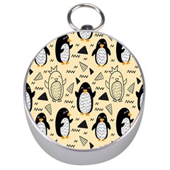 Hand Drawn Penguin Doodle Pattern Silver Compasses