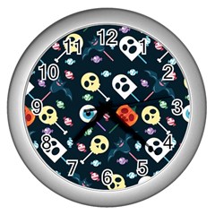 Halloween Candy Pattern Vector Wall Clock (silver) by Vaneshart