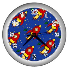 Space Rocket Pattern Wall Clock (silver) by Vaneshart