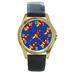 Space Rocket Pattern Round Gold Metal Watch by Vaneshart