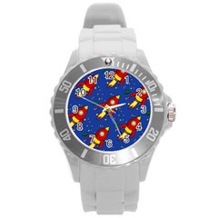 Space Rocket Pattern Round Plastic Sport Watch (l) by Vaneshart