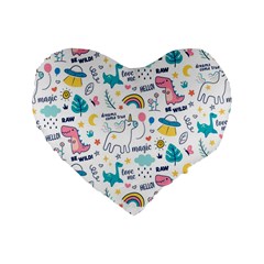 Colorful Doodle Animals Words Pattern Standard 16  Premium Flano Heart Shape Cushions by Vaneshart