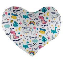 Colorful Doodle Animals Words Pattern Large 19  Premium Flano Heart Shape Cushions by Vaneshart