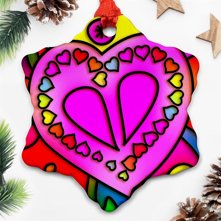 Stained Glass Love Heart Snowflake Ornament (Two Sides)