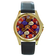 Tree Pattern Background Round Gold Metal Watch by Vaneshart