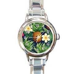 Tropical Pattern Pineapple Flowers Floral Fon Tropik Ananas Round Italian Charm Watch by Vaneshart