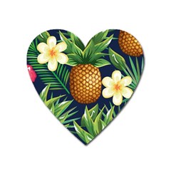 Tropical Pattern Pineapple Flowers Floral Fon Tropik Ananas Heart Magnet by Vaneshart