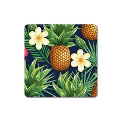 Tropical Pattern Pineapple Flowers Floral Fon Tropik Ananas Square Magnet by Vaneshart