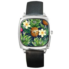 Tropical Pattern Pineapple Flowers Floral Fon Tropik Ananas Square Metal Watch by Vaneshart