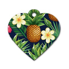 Tropical Pattern Pineapple Flowers Floral Fon Tropik Ananas Dog Tag Heart (two Sides) by Vaneshart