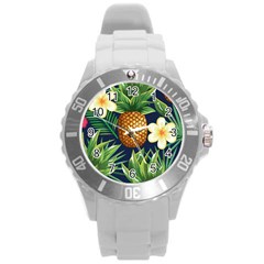 Tropical Pattern Pineapple Flowers Floral Fon Tropik Ananas Round Plastic Sport Watch (l) by Vaneshart