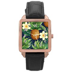 Tropical Pattern Pineapple Flowers Floral Fon Tropik Ananas Rose Gold Leather Watch  by Vaneshart