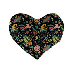 Texture Patterns Aliens Rockets Space Standard 16  Premium Flano Heart Shape Cushions by Vaneshart