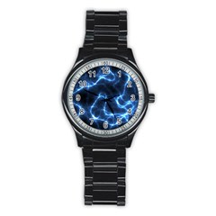 Lightning Electricity Pattern Blue Stainless Steel Round Watch by Mariart