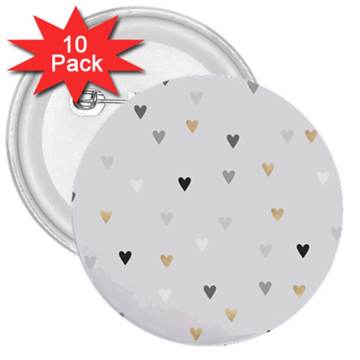 grey hearts print romantic 3  Buttons (10 pack) 