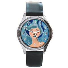 Blue Girl Round Metal Watch by CKArtCreations