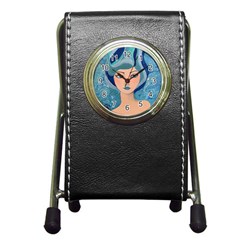 Blue Girl Pen Holder Desk Clock by CKArtCreations