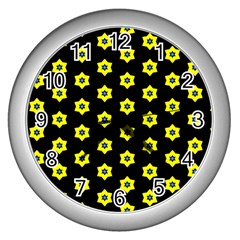 Pattern Yellow Stars Black Background Wall Clock (silver) by Simbadda