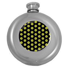 Pattern Yellow Stars Black Background Round Hip Flask (5 Oz) by Simbadda