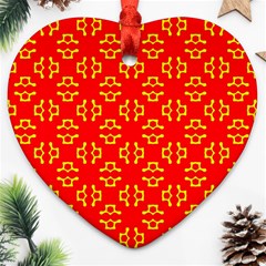 Red Background Yellow Shapes Ornament (heart) by Simbadda